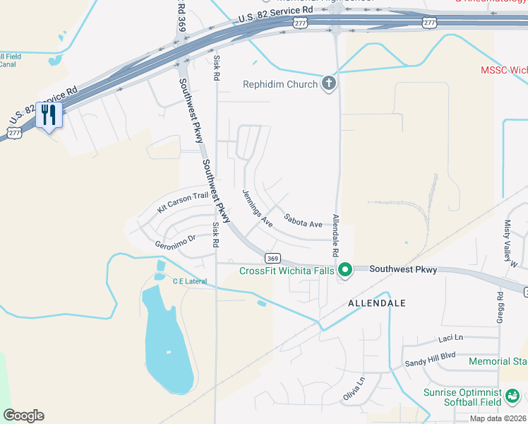 map of restaurants, bars, coffee shops, grocery stores, and more near 4531 Jennings Avenue in Wichita Falls