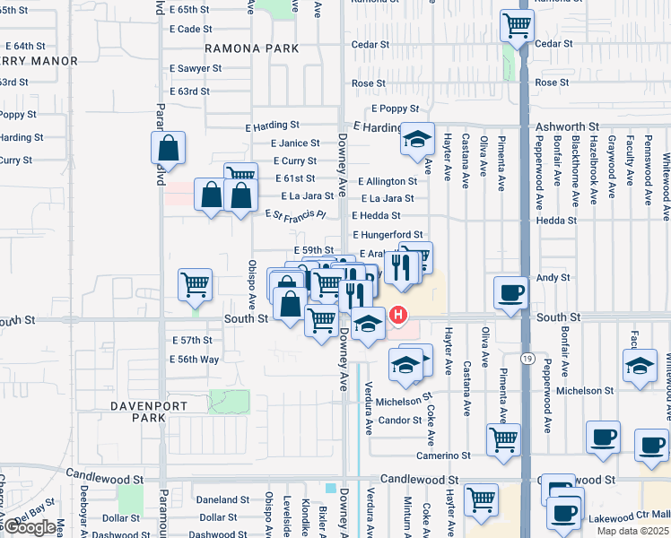 map of restaurants, bars, coffee shops, grocery stores, and more near 5885 Downey Avenue in Long Beach