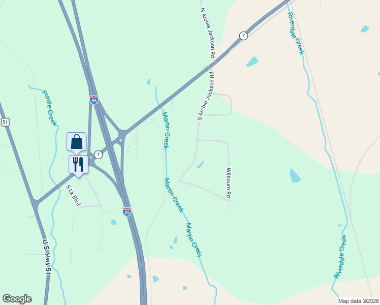 map of restaurants, bars, coffee shops, grocery stores, and more near 523 South Archie Jackson Road in Grenada