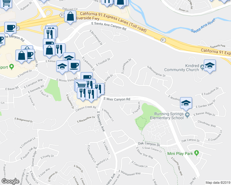 map of restaurants, bars, coffee shops, grocery stores, and more near 8375 Meadowgate Drive in Anaheim