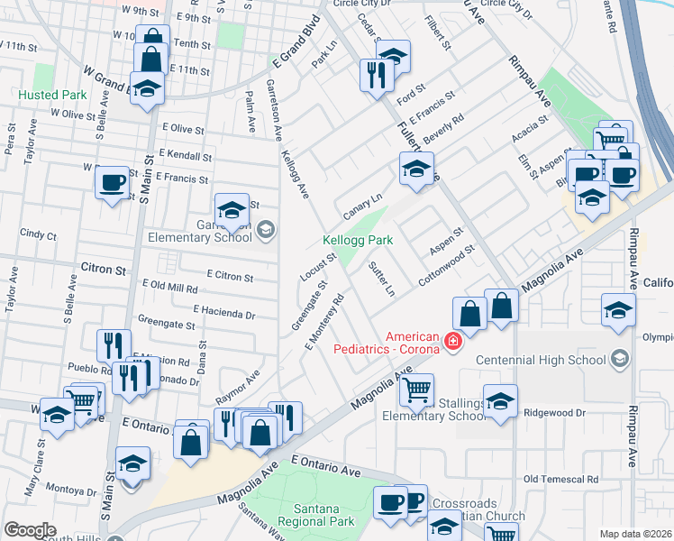 map of restaurants, bars, coffee shops, grocery stores, and more near 657 Greengates Street in Corona