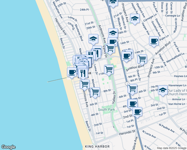 map of restaurants, bars, coffee shops, grocery stores, and more near 1107 Monterey Boulevard in Hermosa Beach