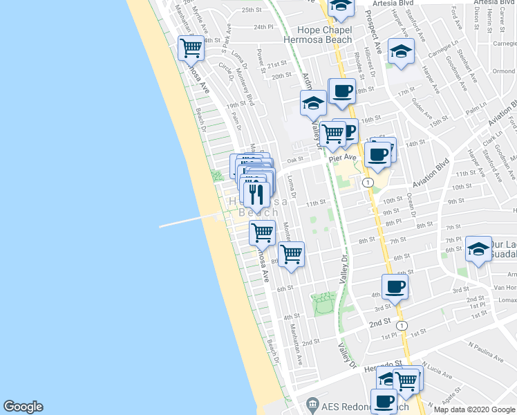 map of restaurants, bars, coffee shops, grocery stores, and more near in Hermosa Beach