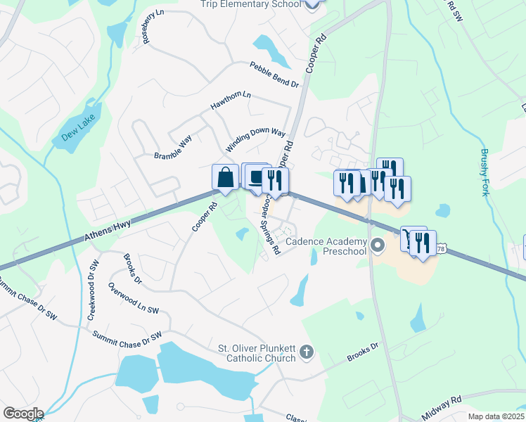 map of restaurants, bars, coffee shops, grocery stores, and more near 1505 Ben Park Way in Grayson