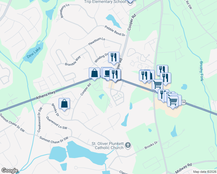 map of restaurants, bars, coffee shops, grocery stores, and more near 1509 Ben Park Way in Grayson