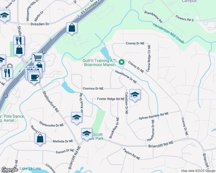 map of restaurants, bars, coffee shops, grocery stores, and more near 2590 Hawthorne Place Northeast in Atlanta