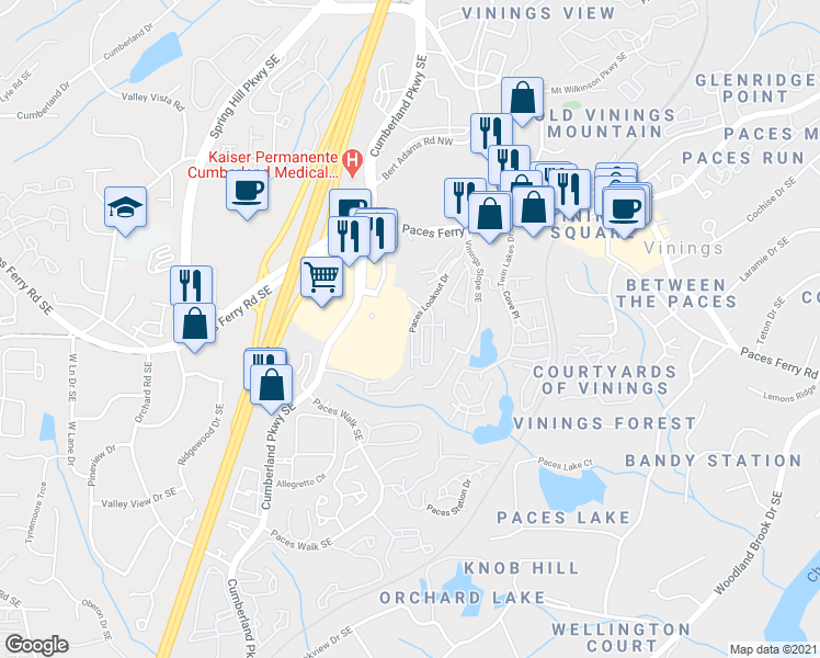 map of restaurants, bars, coffee shops, grocery stores, and more near 3844 Paces Lookout Circle Southeast in Atlanta
