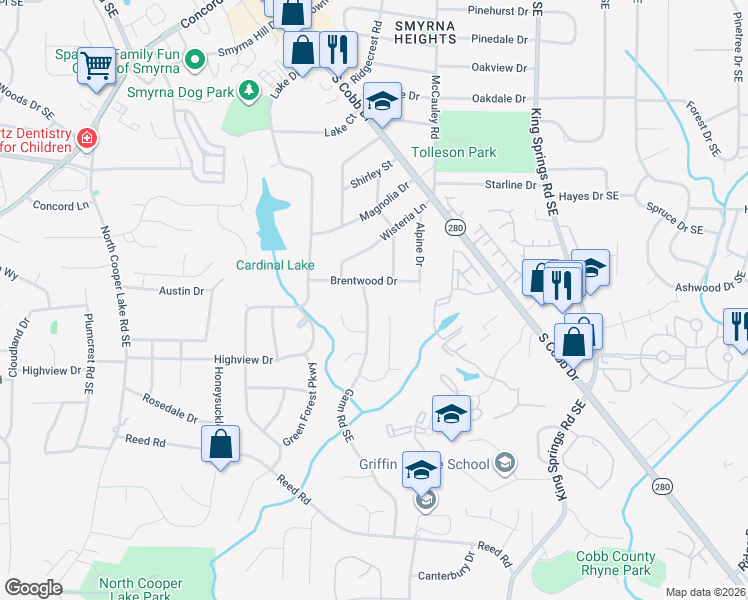 map of restaurants, bars, coffee shops, grocery stores, and more near 3791 Gann Road Southeast in Smyrna