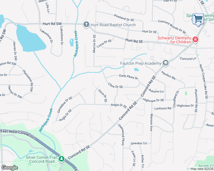 map of restaurants, bars, coffee shops, grocery stores, and more near 3758 Cline Drive Southeast in Smyrna