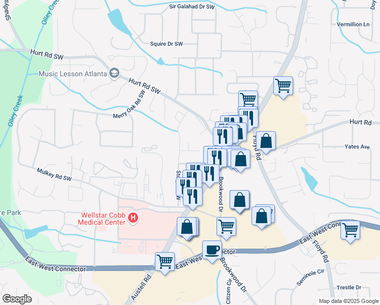 map of restaurants, bars, coffee shops, grocery stores, and more near 1709 Lansmere Street Southwest in Austell