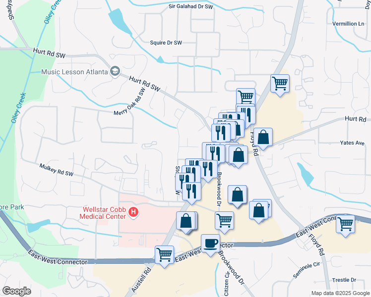 map of restaurants, bars, coffee shops, grocery stores, and more near 1721 Lansmere Street Southwest in Austell