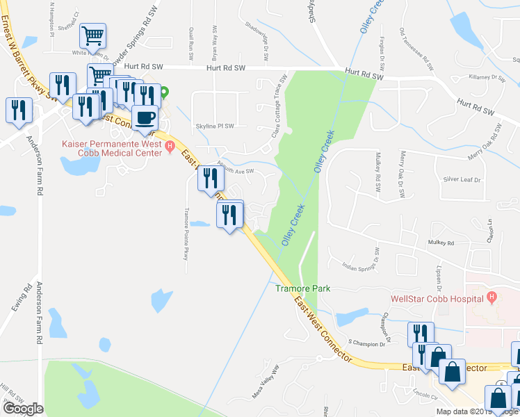 map of restaurants, bars, coffee shops, grocery stores, and more near 2222 East-West Connector in Austell