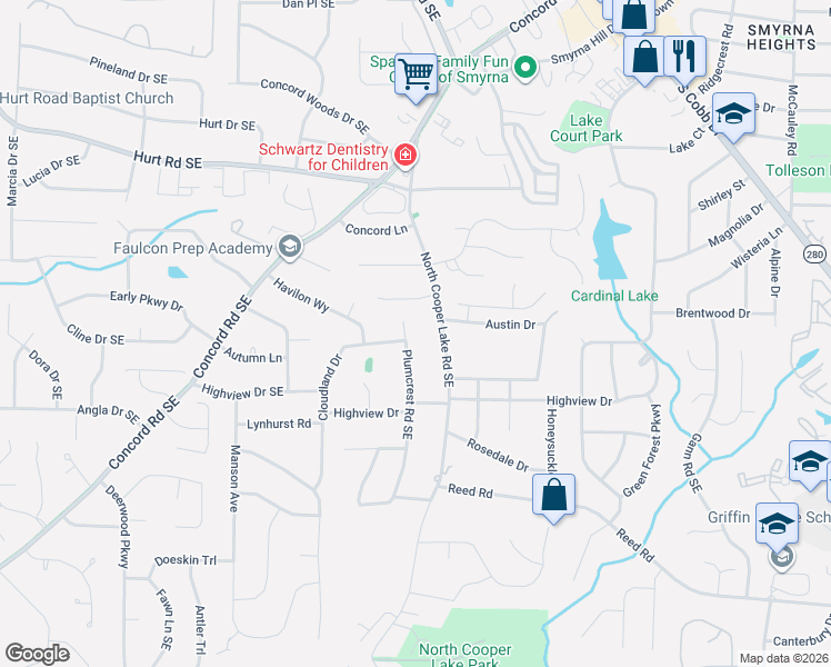 map of restaurants, bars, coffee shops, grocery stores, and more near 3754 North Cooper Lake Road Southeast in Smyrna