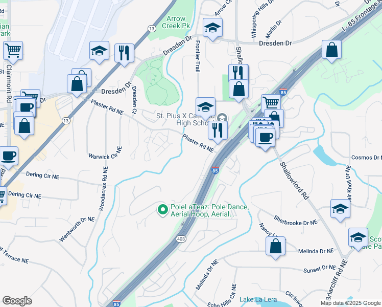 map of restaurants, bars, coffee shops, grocery stores, and more near 2584 New Haven Drive Northeast in Atlanta