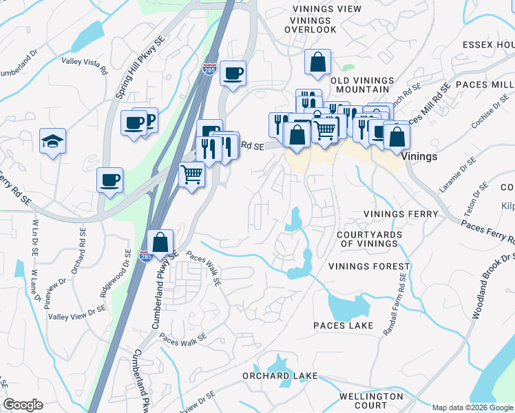map of restaurants, bars, coffee shops, grocery stores, and more near 3760 Paces Lookout Circle Southeast in Atlanta