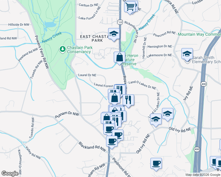 map of restaurants, bars, coffee shops, grocery stores, and more near 183 Laurel Forest Circle Northeast in Atlanta