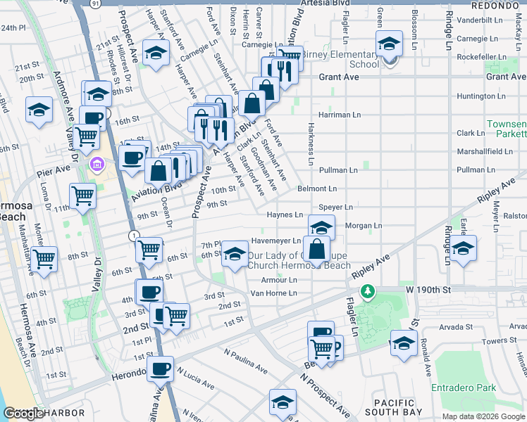 map of restaurants, bars, coffee shops, grocery stores, and more near 1306 Carmelita Avenue in Redondo Beach