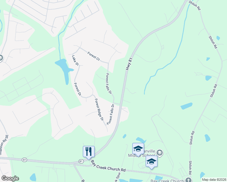 map of restaurants, bars, coffee shops, grocery stores, and more near 5445 Forest Falls Drive in Loganville