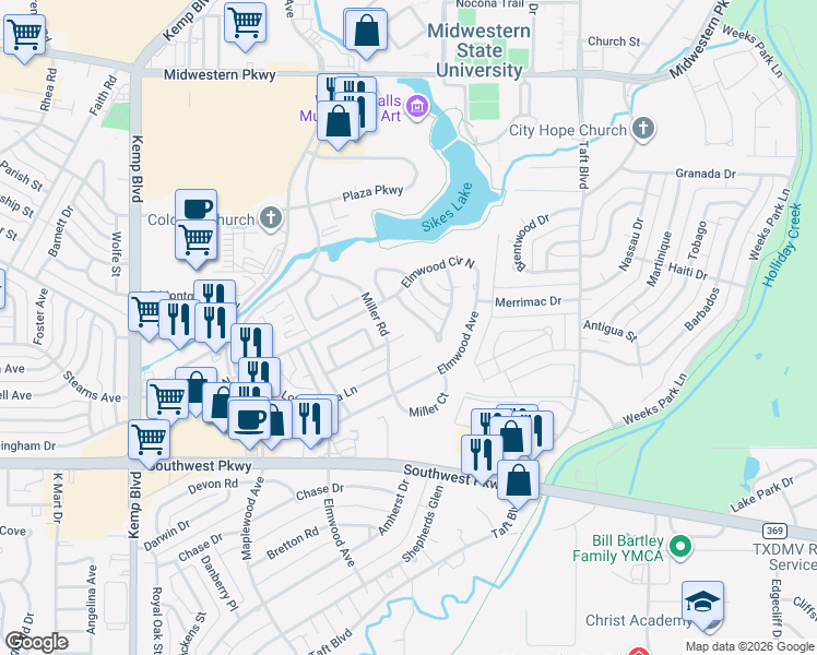 map of restaurants, bars, coffee shops, grocery stores, and more near 4 Sleepy Hollow Street in Wichita Falls
