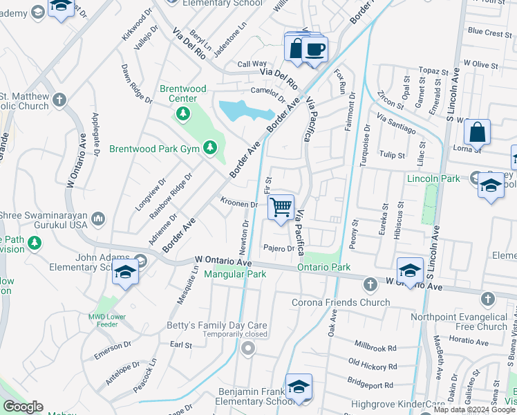 map of restaurants, bars, coffee shops, grocery stores, and more near 1397 Kroonen Drive in Corona