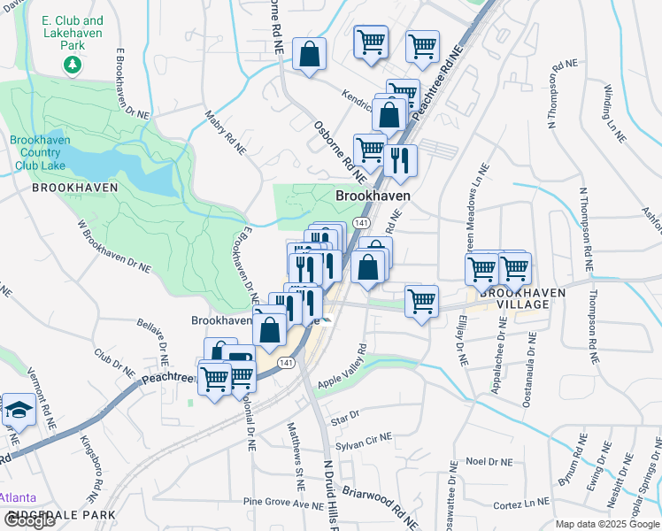 map of restaurants, bars, coffee shops, grocery stores, and more near 4062 Peachtree Road Northeast in Brookhaven