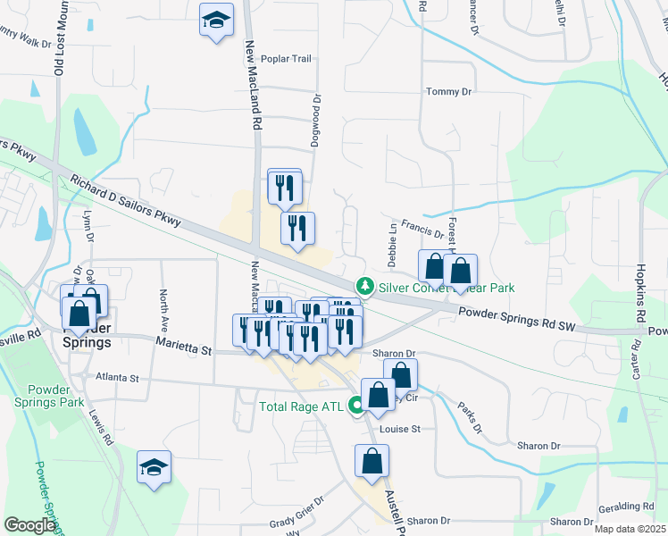 map of restaurants, bars, coffee shops, grocery stores, and more near 1122 Richard D Sailors Parkway in Powder Springs