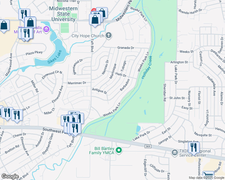 map of restaurants, bars, coffee shops, grocery stores, and more near 4515 Tobago Street in Wichita Falls