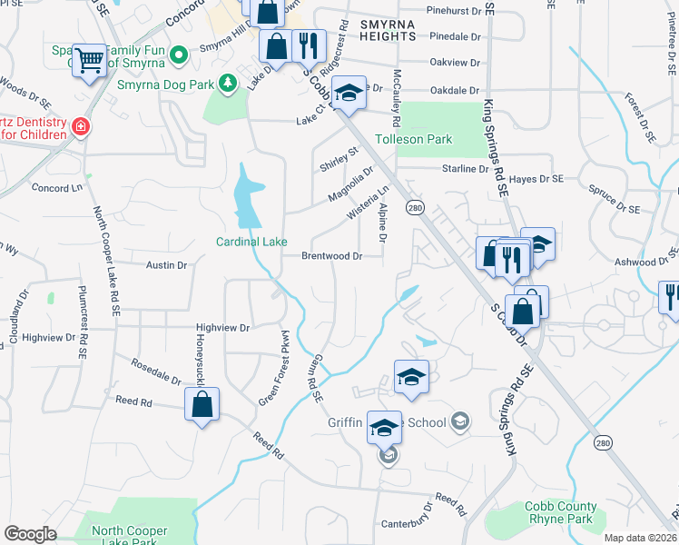 map of restaurants, bars, coffee shops, grocery stores, and more near 3791 Gann Road Southeast in Smyrna