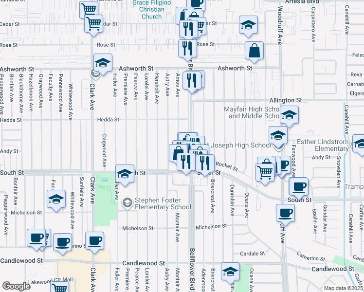 map of restaurants, bars, coffee shops, grocery stores, and more near 5913 Amos Avenue in Lakewood
