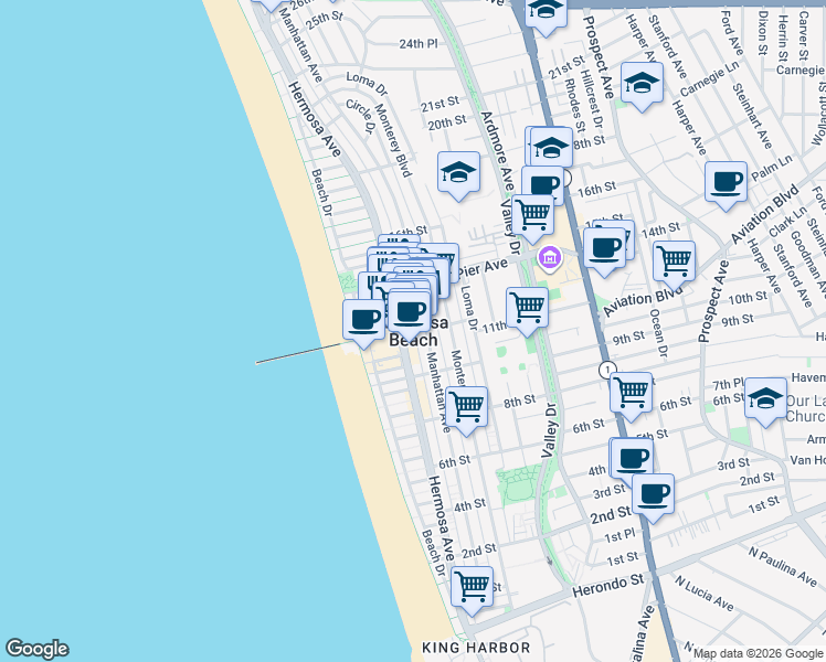 map of restaurants, bars, coffee shops, grocery stores, and more near 849 Bard Street in Hermosa Beach