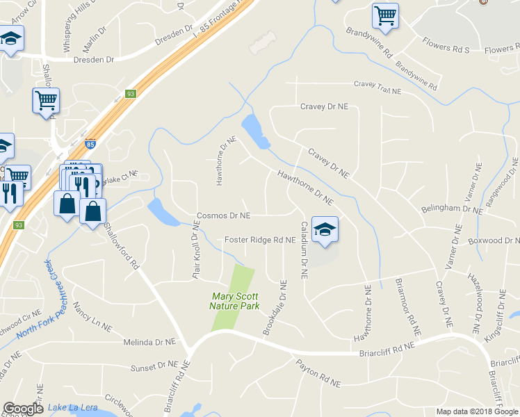 map of restaurants, bars, coffee shops, grocery stores, and more near 2590 Hawthorne Place Northeast in Atlanta