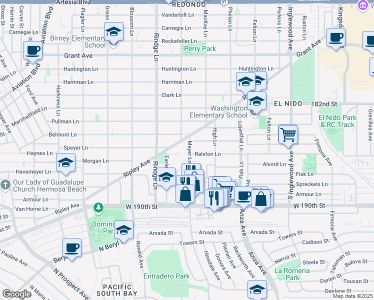 map of restaurants, bars, coffee shops, grocery stores, and more near 807 Meyer Lane in Redondo Beach