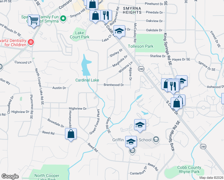 map of restaurants, bars, coffee shops, grocery stores, and more near 940 Brentwood Drive in Smyrna