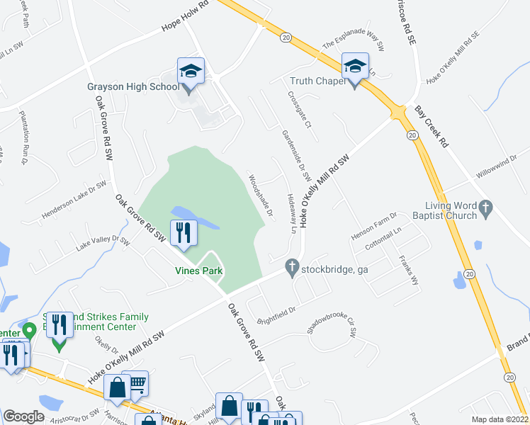 map of restaurants, bars, coffee shops, grocery stores, and more near 3583 Woodshade Drive in Loganville