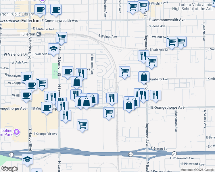 map of restaurants, bars, coffee shops, grocery stores, and more near 46 Fir Via in Anaheim