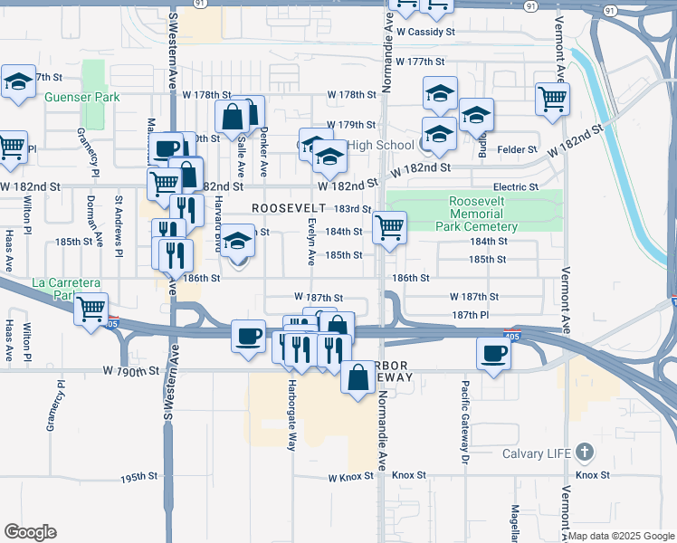 map of restaurants, bars, coffee shops, grocery stores, and more near 1476 185th Street in Gardena