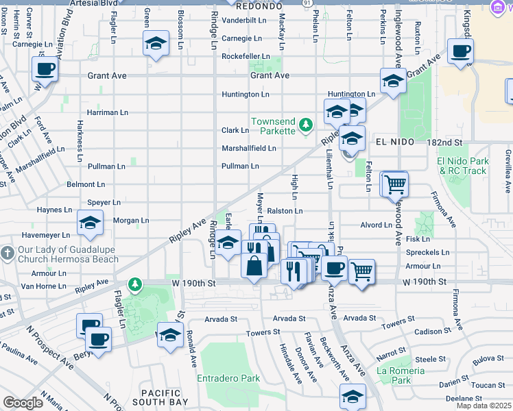 map of restaurants, bars, coffee shops, grocery stores, and more near 807 Meyer Lane in Redondo Beach