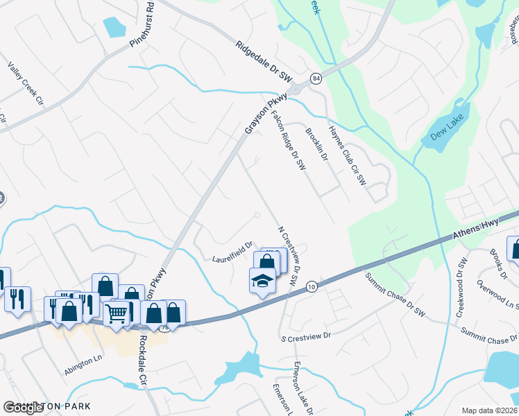 map of restaurants, bars, coffee shops, grocery stores, and more near 2792 Whispering Pines Drive Southwest in Grayson