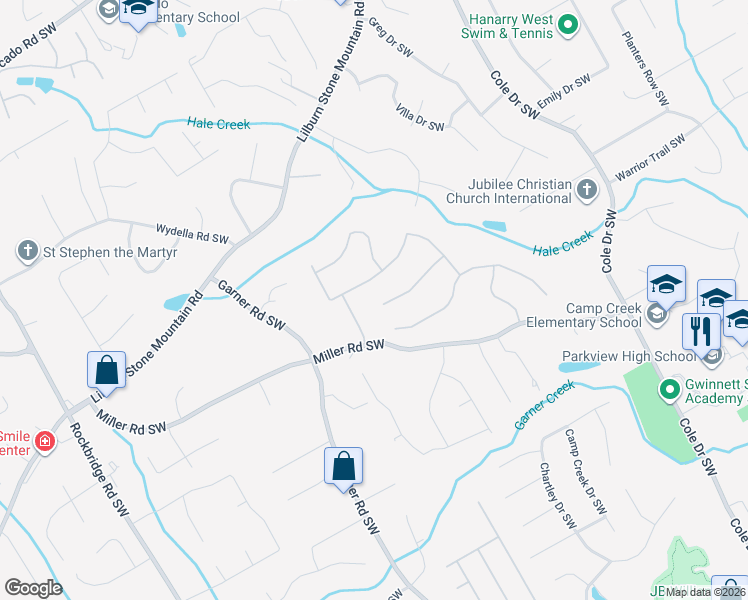 map of restaurants, bars, coffee shops, grocery stores, and more near 5055 Haralson Way SW in Lilburn