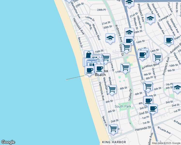 map of restaurants, bars, coffee shops, grocery stores, and more near 42 13th Street in Hermosa Beach