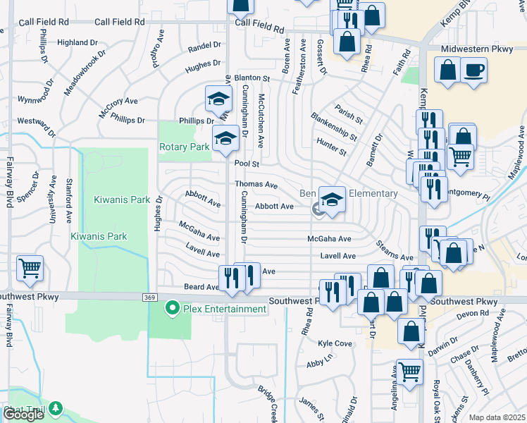 map of restaurants, bars, coffee shops, grocery stores, and more near 3027 Abbott Avenue in Wichita Falls