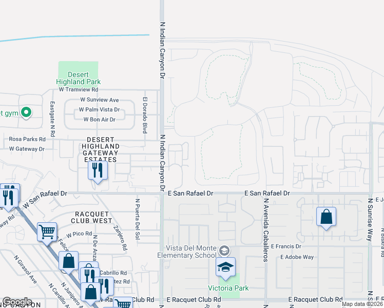 map of restaurants, bars, coffee shops, grocery stores, and more near 3735 Taylor Drive in Palm Springs