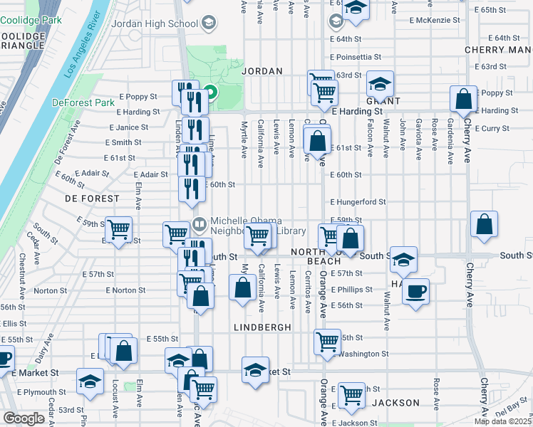 map of restaurants, bars, coffee shops, grocery stores, and more near 5917 Lewis Avenue in Long Beach
