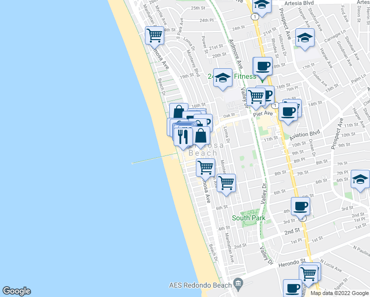 map of restaurants, bars, coffee shops, grocery stores, and more near 37 Pier Avenue in Hermosa Beach
