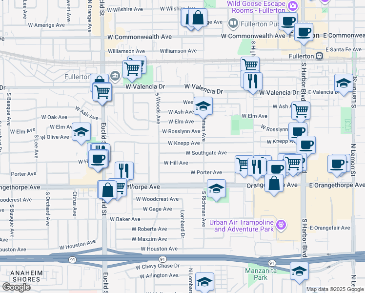 map of restaurants, bars, coffee shops, grocery stores, and more near 540 West Knepp Avenue in Fullerton