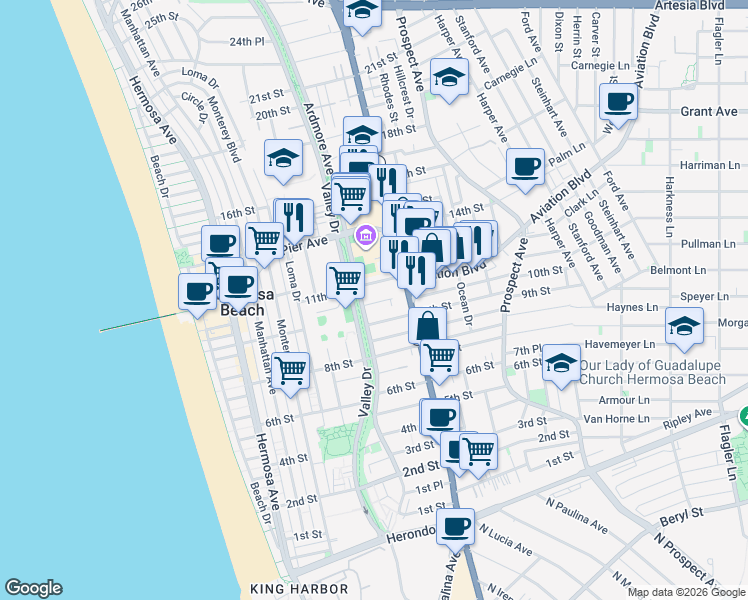 map of restaurants, bars, coffee shops, grocery stores, and more near 625 10th Street in Hermosa Beach