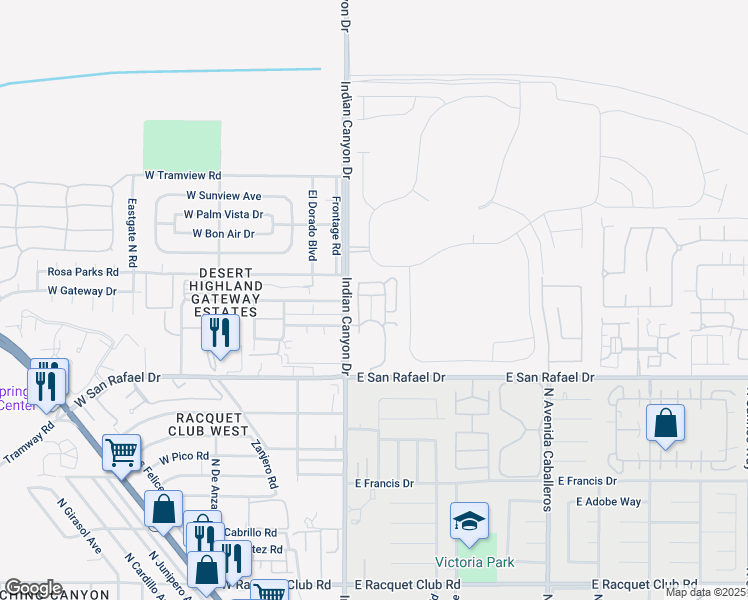 map of restaurants, bars, coffee shops, grocery stores, and more near 212 Breeze Loop in Palm Springs