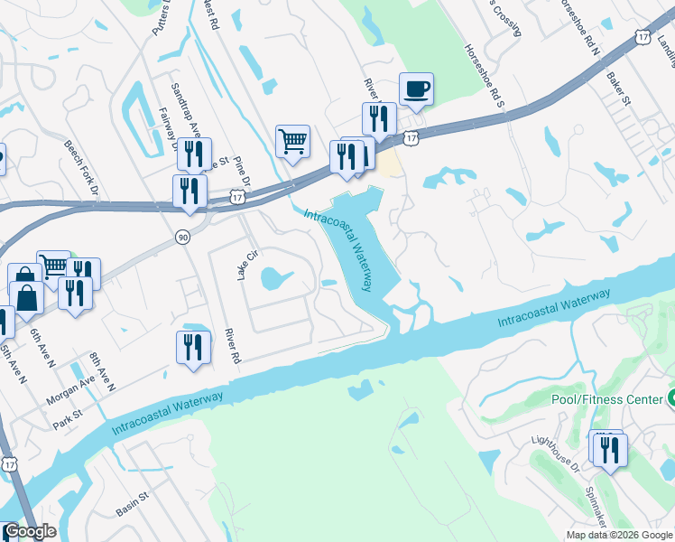 map of restaurants, bars, coffee shops, grocery stores, and more near 4609 Lightkeepers Way in Little River