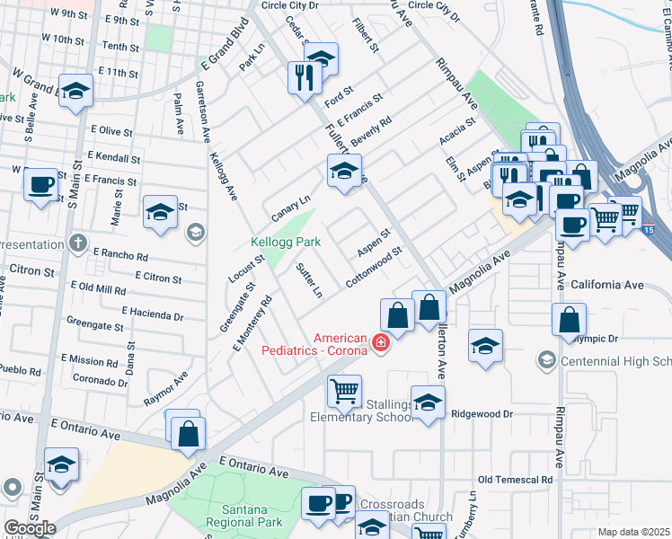map of restaurants, bars, coffee shops, grocery stores, and more near 1577 Marshall Lane in Corona