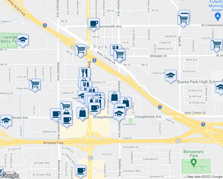 map of restaurants, bars, coffee shops, grocery stores, and more near 7926 11th Street in Buena Park